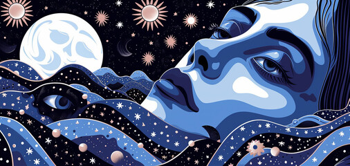 Wall Mural - Surreal esoteric illustration of a woman at night with stars and moon