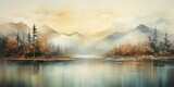 Fototapeta  - Watercolor drawing painting ink sketch nature outdoor forest lake mountain landscape view