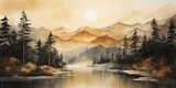 Fototapeta Natura - Watercolor drawing painting ink sketch nature outdoor forest lake mountain landscape view