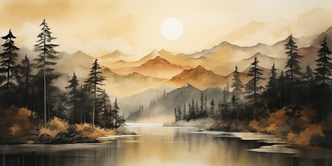 watercolor drawing painting ink sketch nature outdoor forest lake mountain landscape view