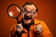 © GreenOptix - Mann mit Lupe, Junger Mann mit orangenem Outfit vor orangenem Hintergrund, Konzept für Research, Business, Fragen