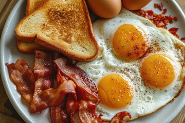 Wall Mural - A high angle shot of a delicious breakfast spread featuring sunny-side-up eggs, crispy bacon, and toast Breakfast with fried eggs, bacon and toasts