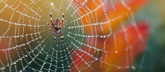 Wall Mural - Jewel-Like Spider Web with Glistening Water Droplets