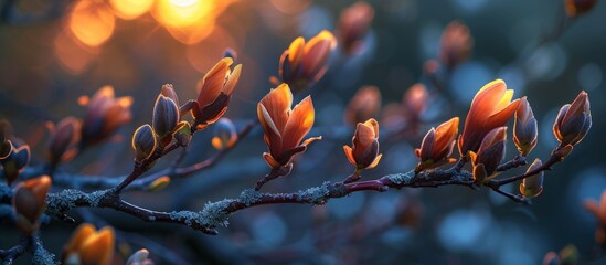 Magnificent Magnoli Tree Buds Blossoming at Dusk: A Display of Magnoli, Tree Buds, and Dusk