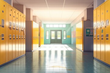 Wall Mural - University hallway with modern yellow row of lockers on the wall, clean school interior. Generative Ai.