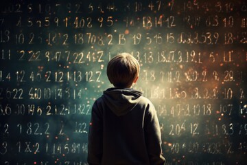 Wall Mural - Young school kid with backpack is standing near futuristic numbers, math. Generative Ai.