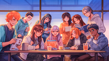 Illustrating the world of information technologies, software engineers, programmers, and coders collaborate in an agency. The geeks team, equipped with laptops, delves into program languages, showcasi