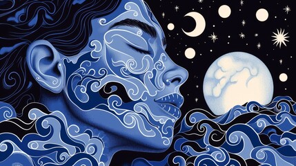 Wall Mural - Surreal esoteric illustration of a woman at night with stars and moon