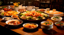 Set Of Chinese Food On Wooden Dining Table In A Restaurant, Various Snacks, Pastries