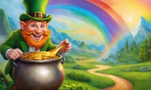 Leprechaun With A Pot Of Gold Under A Rainbow. St.Patrick 's Day