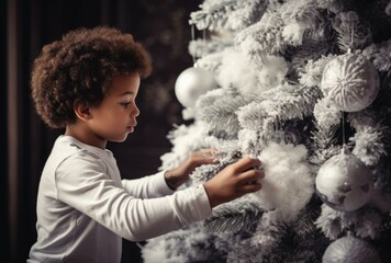 Poster - A young boy is decorating a christmas tree. Generative AI.