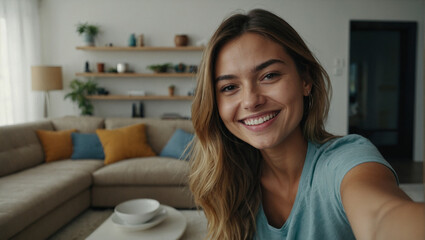 Selfie picture of a happy young pretty millennial woman smiling at the camera in the living room in a modern home
