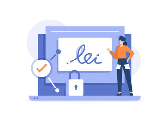 Poster - Electronic signature. Business concept of contracting online. Businessmen make an online deal