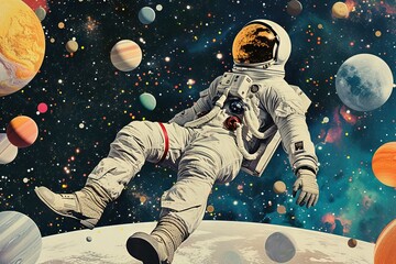 Wall Mural - astronaut floating in outer space on background of galaxy planets. contemporary art collage. generat