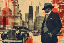 Italian Mafia Gangsters In 1930's Near Classic Car In Chicago City. Contemporary Art Collage. Generative AI