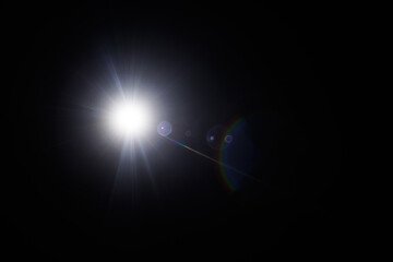 Aufkleber - Easy to add lens flare effects for overlay designs or screen blending mode to make high-quality images. Abstract sun burst, digital flare, iridescent glare over black background.