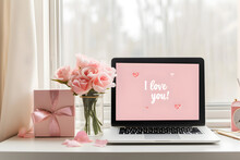 Valentine's Day, Text On Laptop Screen "I Love You", Flowers, Gift Box