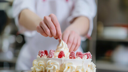 Pastry chef girl in white cloth bakes cake with hands. A girl decorates sweet cake with strawberry and cream