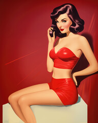 Wall Mural - Retro 1950's pin up style advertising shot postcard of girl, woman with dark hair, advertising underwear on red background