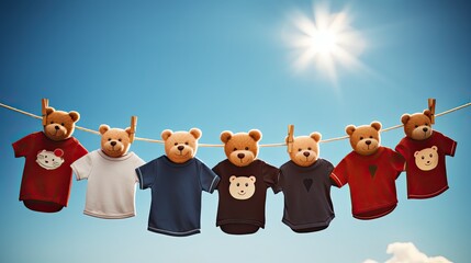 a line of bear heads hanging on a clothes line against a blue sky with the sun shining in the background. Generative AI