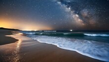 Sea Waves Rolling Onto Sandy Beach Under Starry Sky At Night