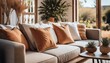 close up of fabric sofa with white and terra cotta pillows french country home interior design of modern living room