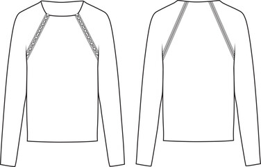 Women's Asymmetrical Button Detail, Raglan Sleeve Jumper- Technical fashion illustration. Front and back, white color. Women's CAD mock-up.