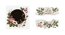 
Designer Round Dark Brown Frame In A Romantic Style, With A Pink Rose, A White Wild Rose Flower, A Green Branch, And Rosebuds, Executed In Vector Style, With Empty Space For Your Text