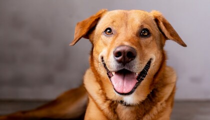 cute brown dog that smiles background close up indoors studio photo day light concept of care education obedience training and raising pets