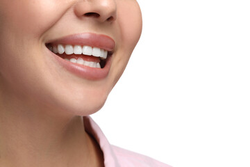 Wall Mural - Woman with clean teeth smiling on white background, closeup