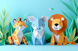 Fototapeta Dinusie - Geometric paper crafted jungle animals, ideal for modern educational content and creative design themes
