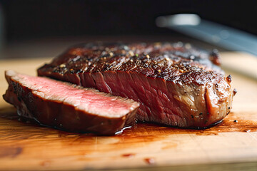 a sliced red grilled meat, on dark background