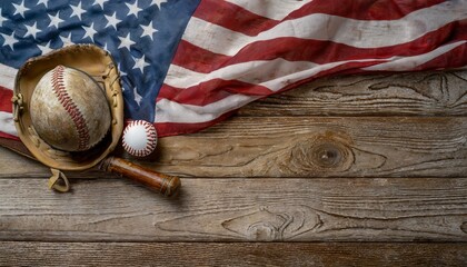 Wall Mural - old baseball objects on united states vintage wooden flag background baseball sports concept with copy space