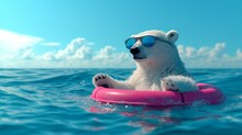 A White Polar Bear Is Enjoying In The Sea With The Help Of A Pink Swimming Rubber Belt. Surreal Vacation Concept. Generative AI