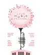 Live Music Festival minimal design vector poster template. Piano, trumpet silhouette, blooming tree cartoon illustration. Musical show advertisement, season live sound concert flyer, banner background