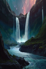 Waterfalls Beneath Cosmic Canopy