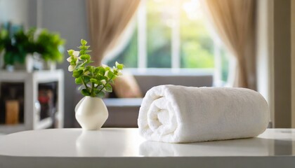 Wall Mural - roll up of white towels on white table with copy space on blurred living room background