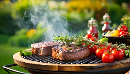 Wall Mural - barbecue garden grill with beef steaks close up