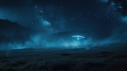 Wall Mural - futuristic ufo lands on a field during starry mysterious night in infinite universe with many clouds