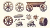 Fototapeta  - Ancient wheel. Wooden wheelbarrow, rusty wagon and old stone wheels. Retro car tires cartoon vector game design assets set of antique wood wheel, old and ancient illustration