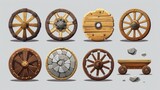Fototapeta  - Ancient wheel. Wooden wheelbarrow, rusty wagon and old stone wheels. Retro car tires cartoon vector game design assets set of antique wood wheel, old and ancient illustration