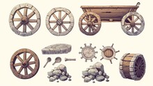 Ancient Wheel. Wooden Wheelbarrow, Rusty Wagon And Old Stone Wheels. Retro Car Tires Cartoon Vector Game Design Assets Set Of Antique Wood Wheel, Old And Ancient Illustration