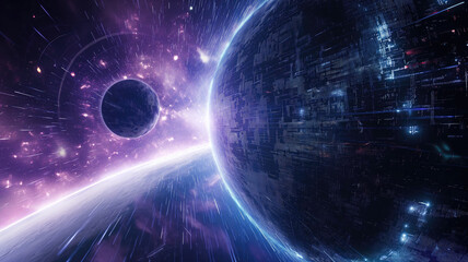 Wall Mural - the dark universe and a planet moving inside the cyber space and high technology and unknown space a