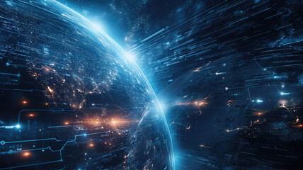 Wall Mural - the planet earth moving inside the cyber space and high technology and unknown space around. univers
