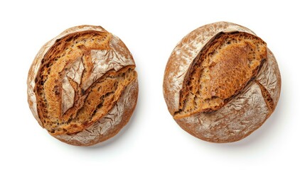 Freshly baked round Bread isolated on white background. Sliced, cutted wheat bread. Bakery, rustic traditional food concept. Top view