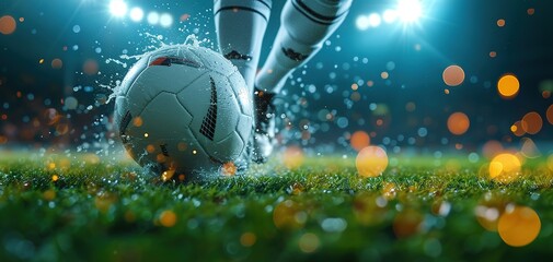 Wall Mural - Close-up of a Leg in a Boot Kicking Football Ball. Professional Soccer Player Hits Ball