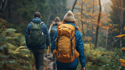 friends or family hiking through the woods and camping