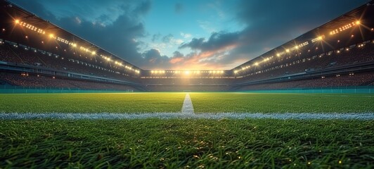 Wall Mural - textured free soccer field in the evening light - center, midfield