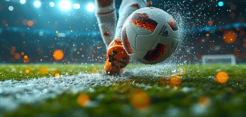 Close-up of a Leg in a Boot Kicking Football Ball. Professional Soccer Player Hits Ball