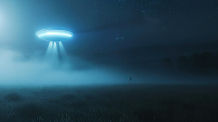 Wall Mural - aliens lands on a starry night from glowing lamps ufo in cloudy weather from infinite universe with 
